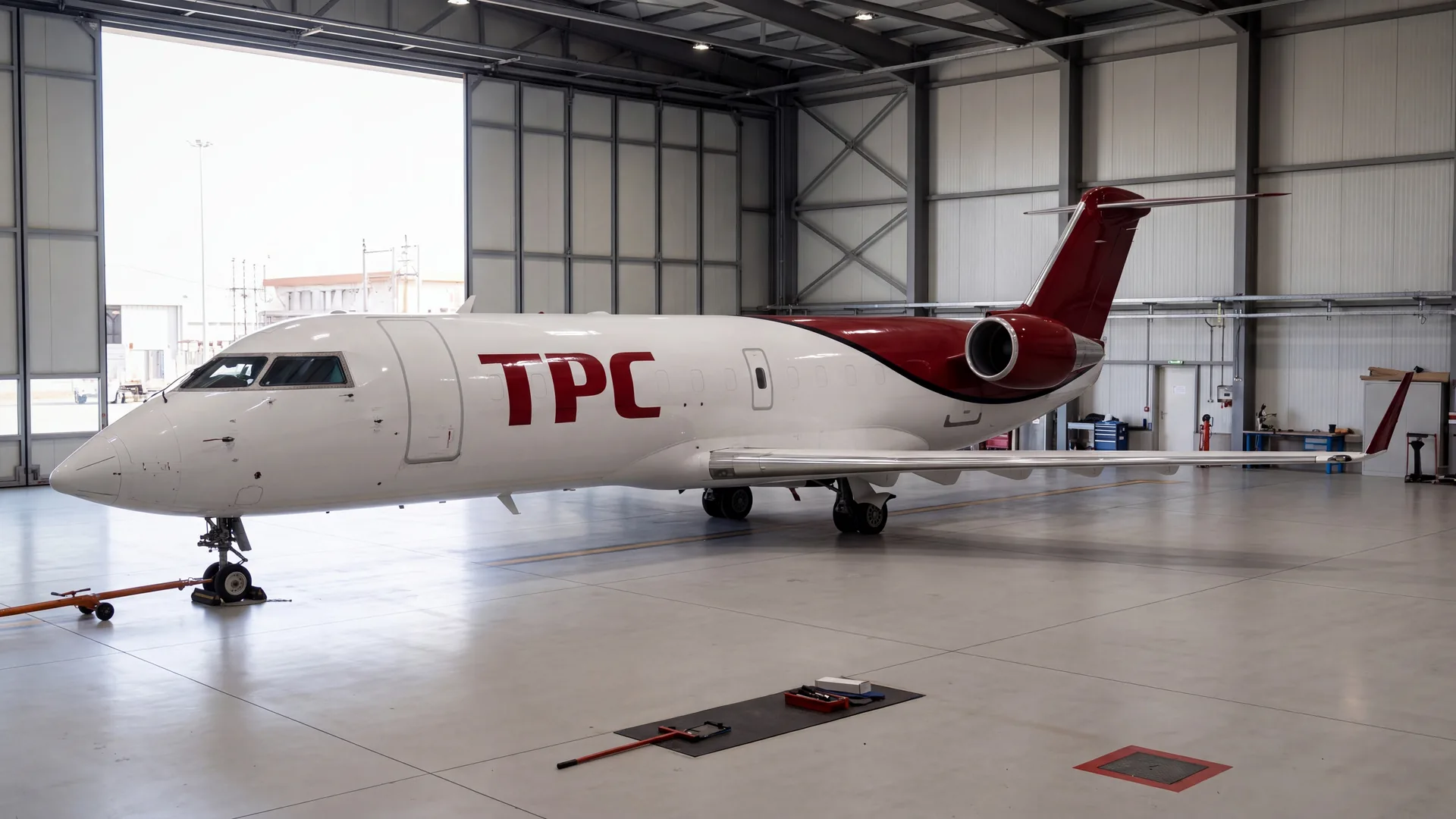Two technicians in high-visibility vests working on the engine of TPC's CRJ200SF freighter in a hangar