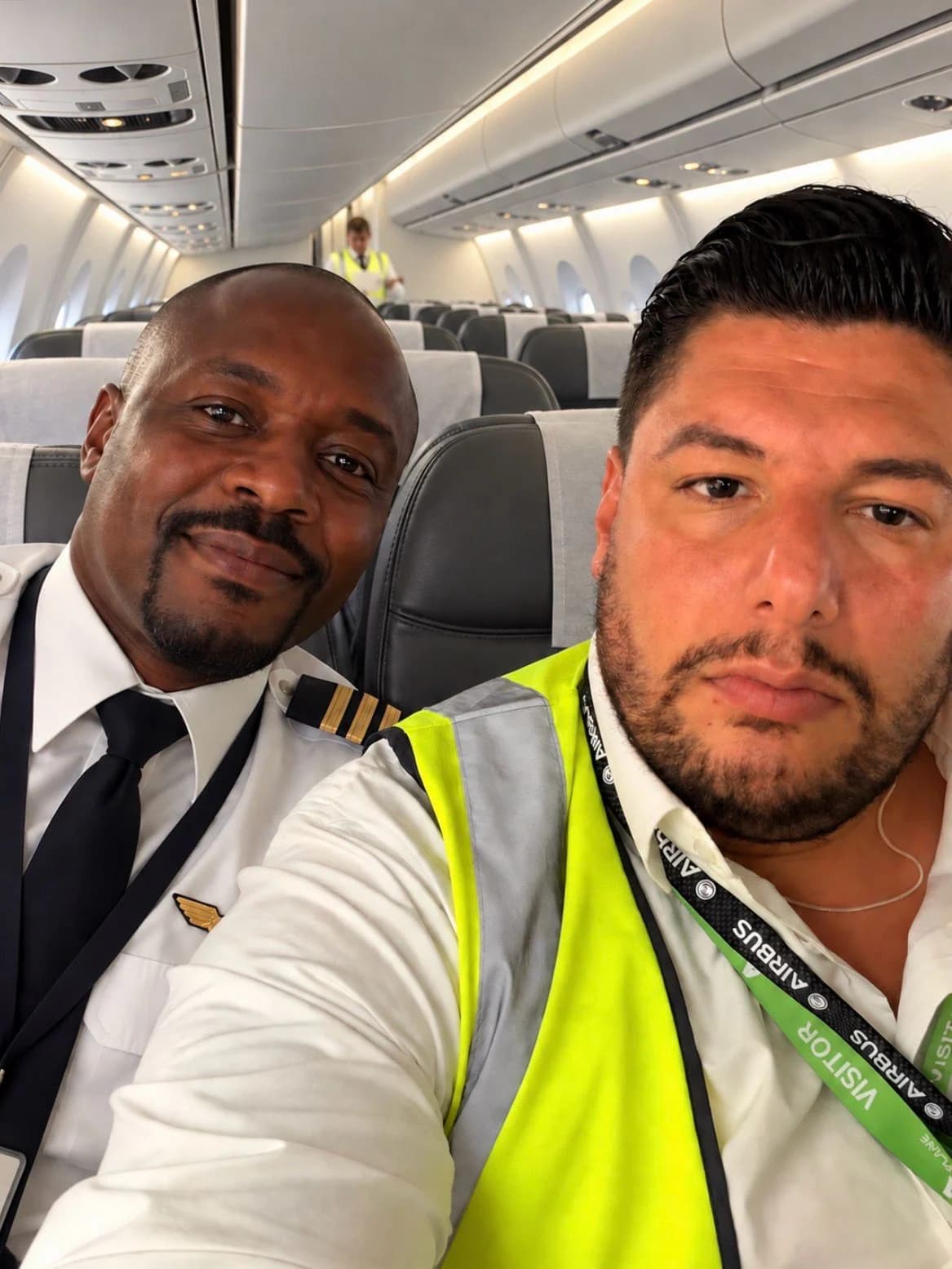 Laurent Travostino with a pilot in the cabin of an airliner